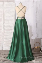 Emerald Green Prom Dress, Strappy Back Slit Simple Satin Prom Dress