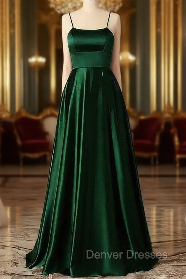 Emerald Green Prom Dress, Strappy Back Slit Simple Satin Prom Dress Main image