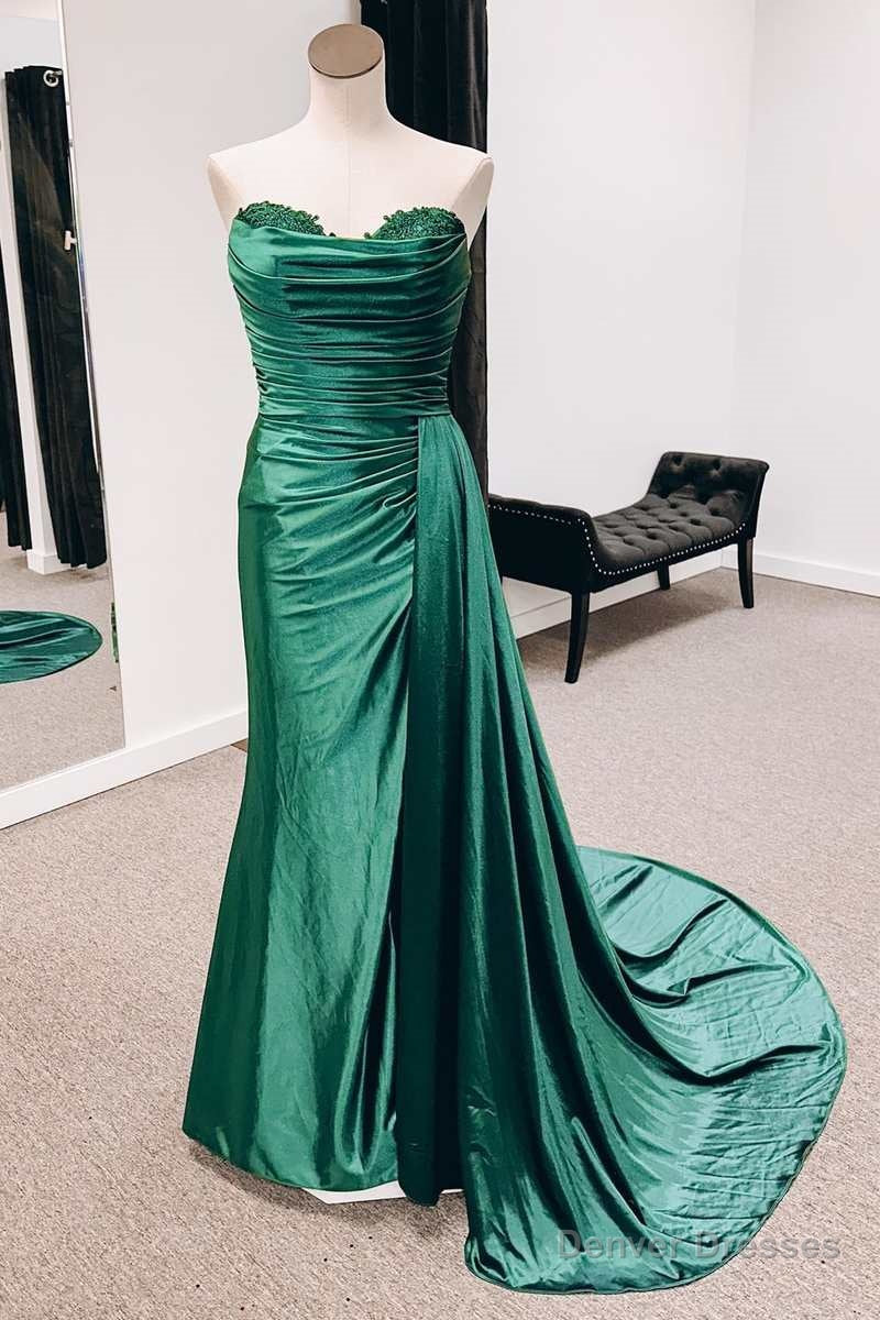 Emerald Green Satin Strapless Long Formal Dresses with Train Secondary image