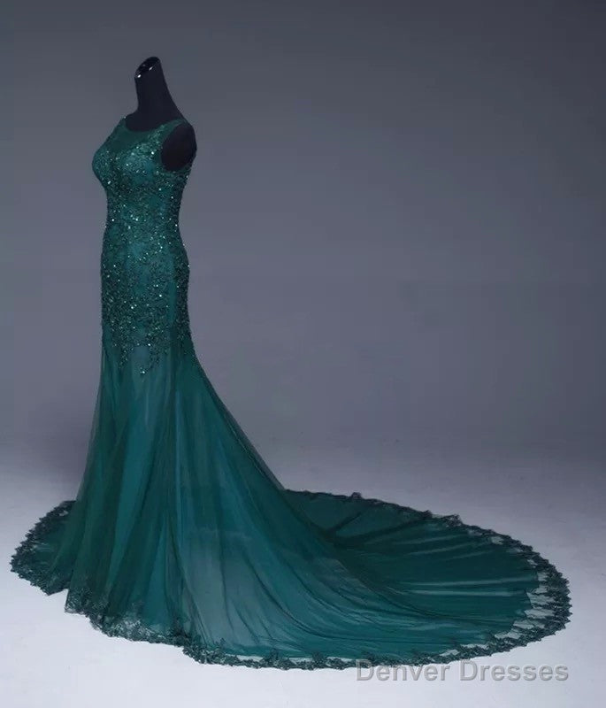 Emerald Green Tulle Mermaid Prom Dresses Lace Appliques Formal Dress Secondary image