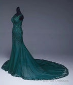 Emerald Green Tulle Mermaid Prom Dresses Lace Appliques Formal Dress