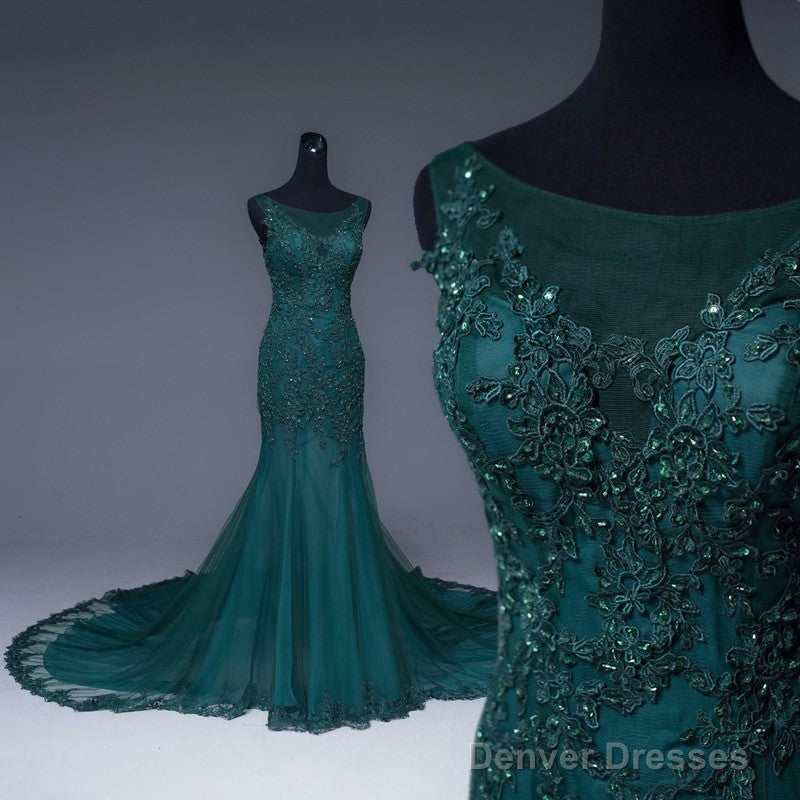 Emerald Green Tulle Mermaid Prom Dresses Lace Appliques Formal Dress Main image