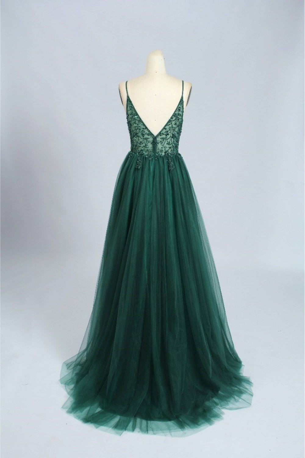 Emerald Green Beautiful V Neck Exquisite Beading Spaghetti Straps Long Tulle Handmade Custom Ball Gown Evening Dress Party Dress