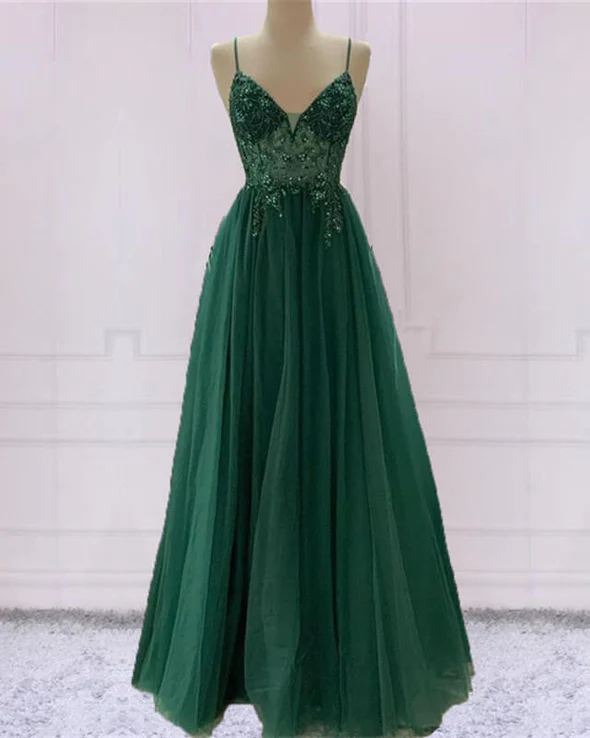 Emerald Green Beautiful V Neck Exquisite Beading Spaghetti Straps Long Tulle Handmade Custom Ball Gown Evening Dress Party Dress Main image
