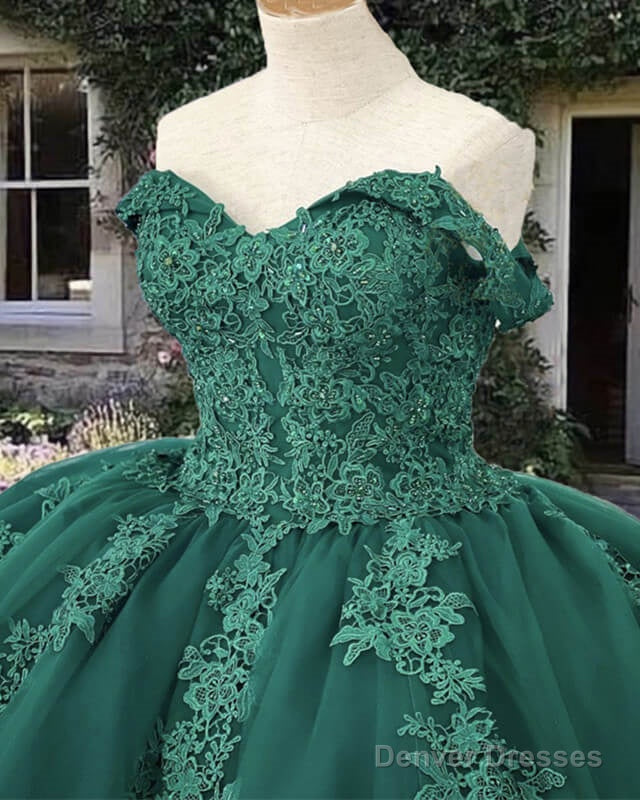 Emerald Off Shoulder Tulle Ball Gown Appliques Dress Secondary image