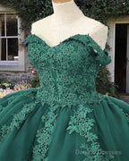 Emerald Off Shoulder Tulle Ball Gown Appliques Dress