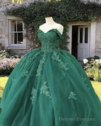 Emerald Off Shoulder Tulle Ball Gown Appliques Dress
