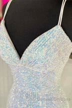 Empire Mermaid White Sequin V-Neck Prom Dress