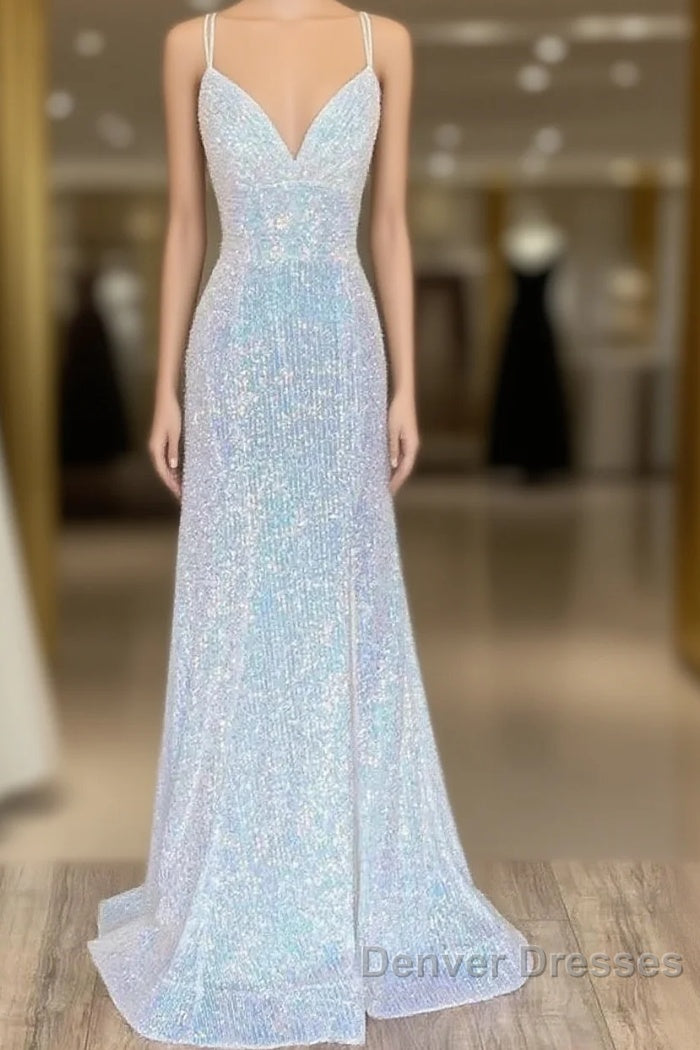 Empire Mermaid White Sequin V-Neck Prom Dress