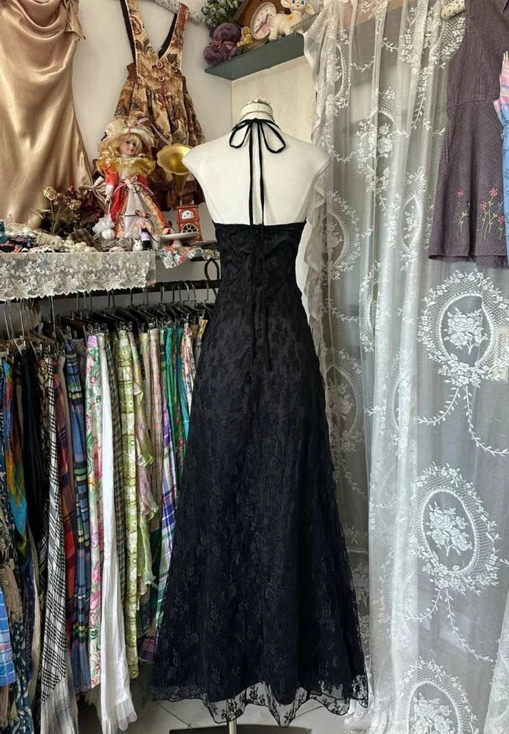 Sweet Black Halter A-Line Chiffon&Tulle Open Back Prom Dress Birthday Dress
