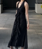 Sweet Black Halter A-Line Chiffon&Tulle Open Back Prom Dress Birthday Dress