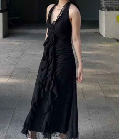 Sweet Black Halter A-Line Chiffon&Tulle Open Back Prom Dress Birthday Dress