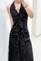 Sweet Black Halter A-Line Chiffon&Tulle Open Back Prom Dress Birthday Dress