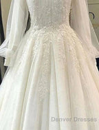 Engagement Vintage 1940S / 1950S Formal Wedding Dress Ball Gown High Neck Long Sleeve Court Train Lace Bridal Gowns With Pleats Appliques