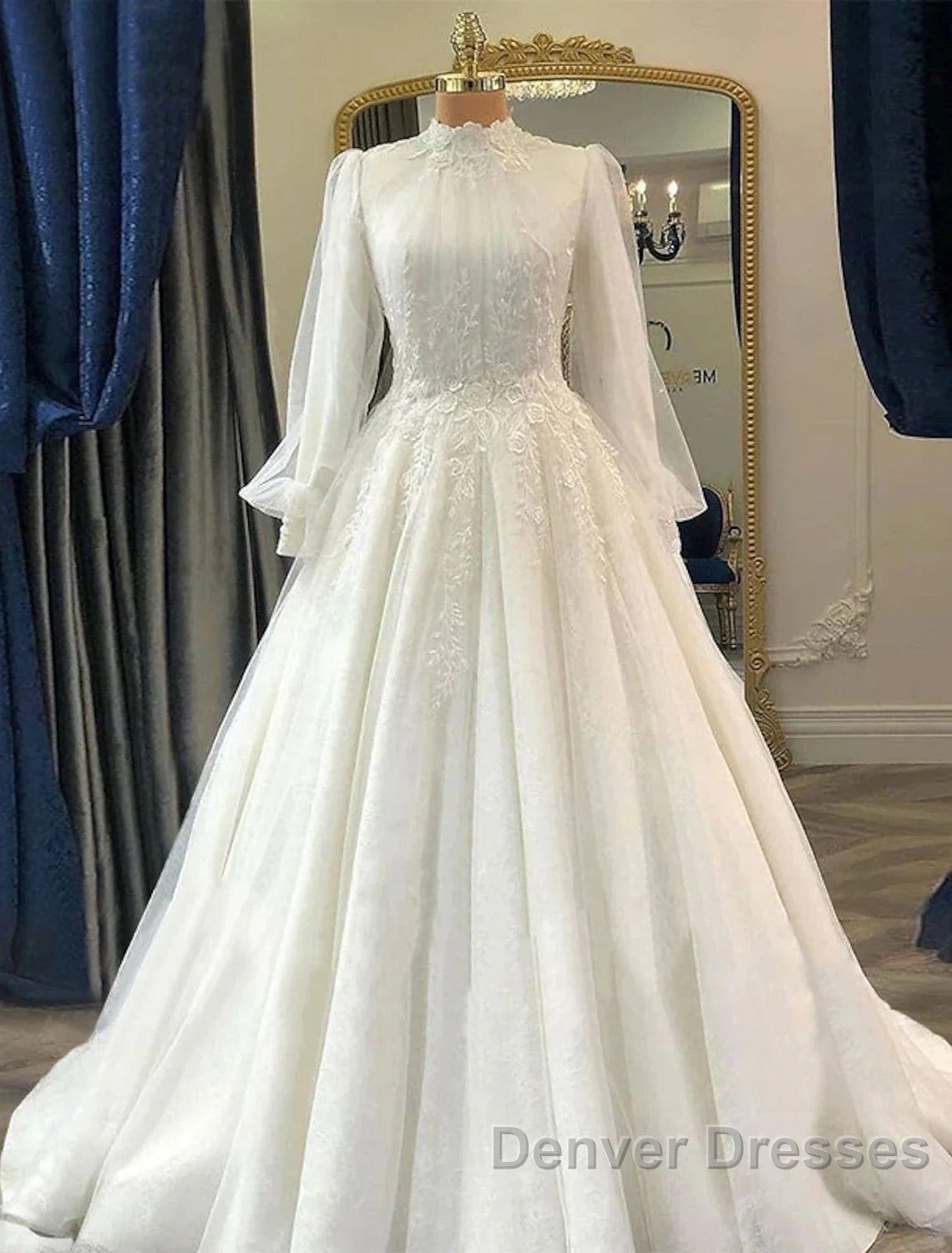 Engagement Vintage 1940S / 1950S Formal Wedding Dress Ball Gown High Neck Long Sleeve Court Train Lace Bridal Gowns With Pleats Appliques
