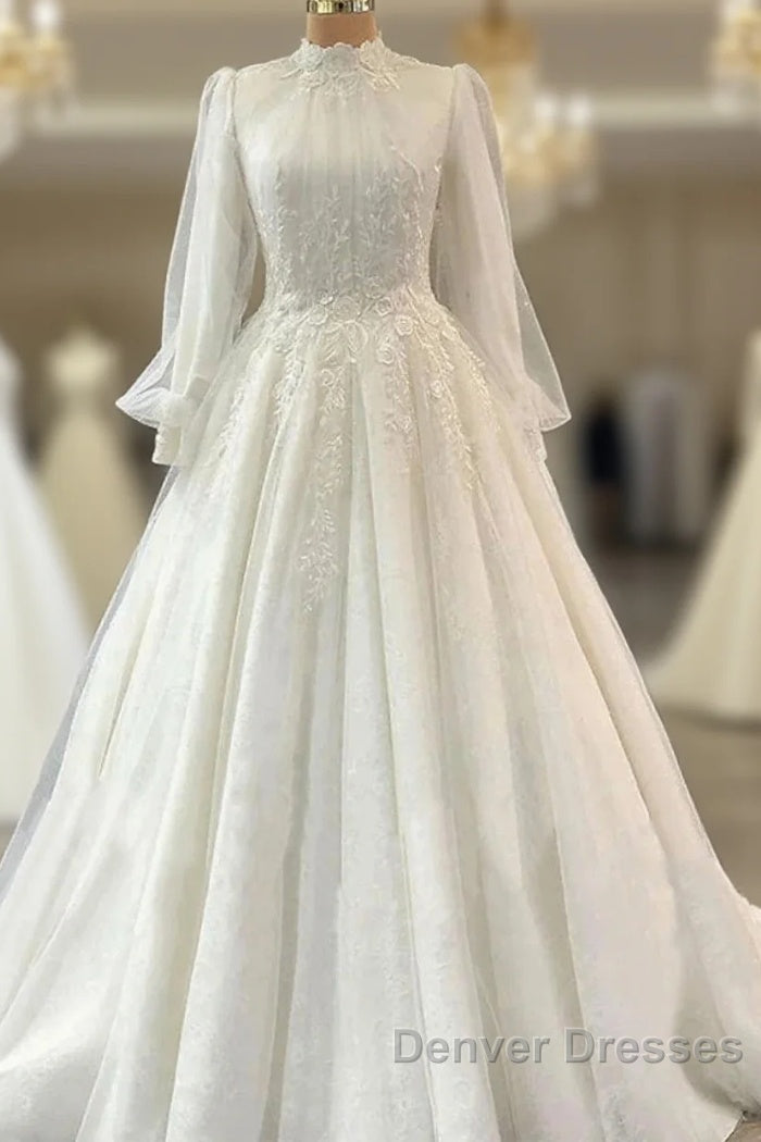 Engagement Vintage 1940S / 1950S Formal Wedding Dress Ball Gown High Neck Long Sleeve Court Train Lace Bridal Gowns With Pleats Appliques