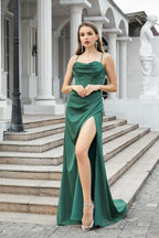 Engerla Sexy High Slit Evening Dresses Spaghetti Satin Ruched Shower Party Dress Pageant Celebrity Gown