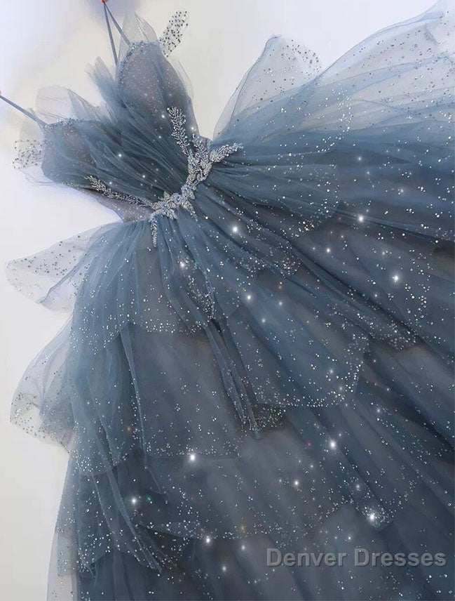Gorgeous Blue Sparkly Tulle Beaded Prom Dress, Tiered Formal Gown with Rhinestone
