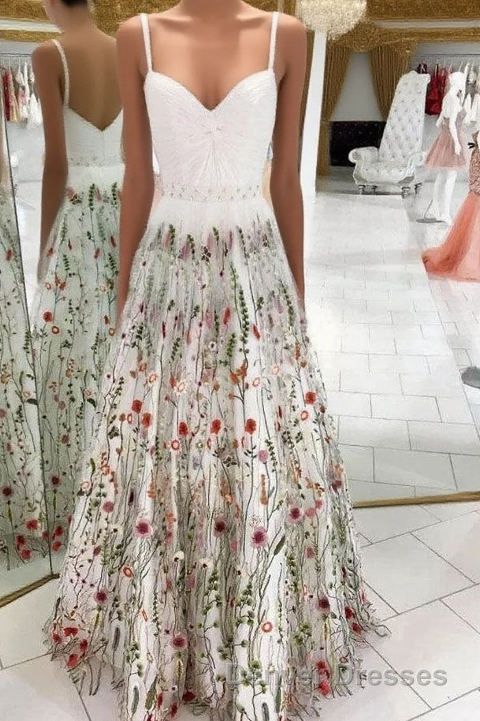 White Straps Floor Length Long Prom Dress with Lace Flowers Formal Dress