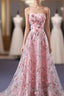 Pink Tulle 3D Flowers Long Prom Dress, Pink Evening Dress