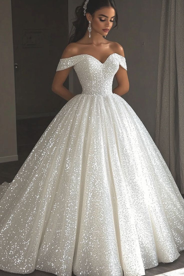 Ethereal Wedding Dress Ball Gown Off The Shoulder Sequin White Wedding Dress Bridal Gowns