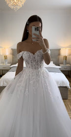 Ethereal Wedding Dress Ball Gown Off The Shoulder Tulle White Wedding Dress Bridal Gowns