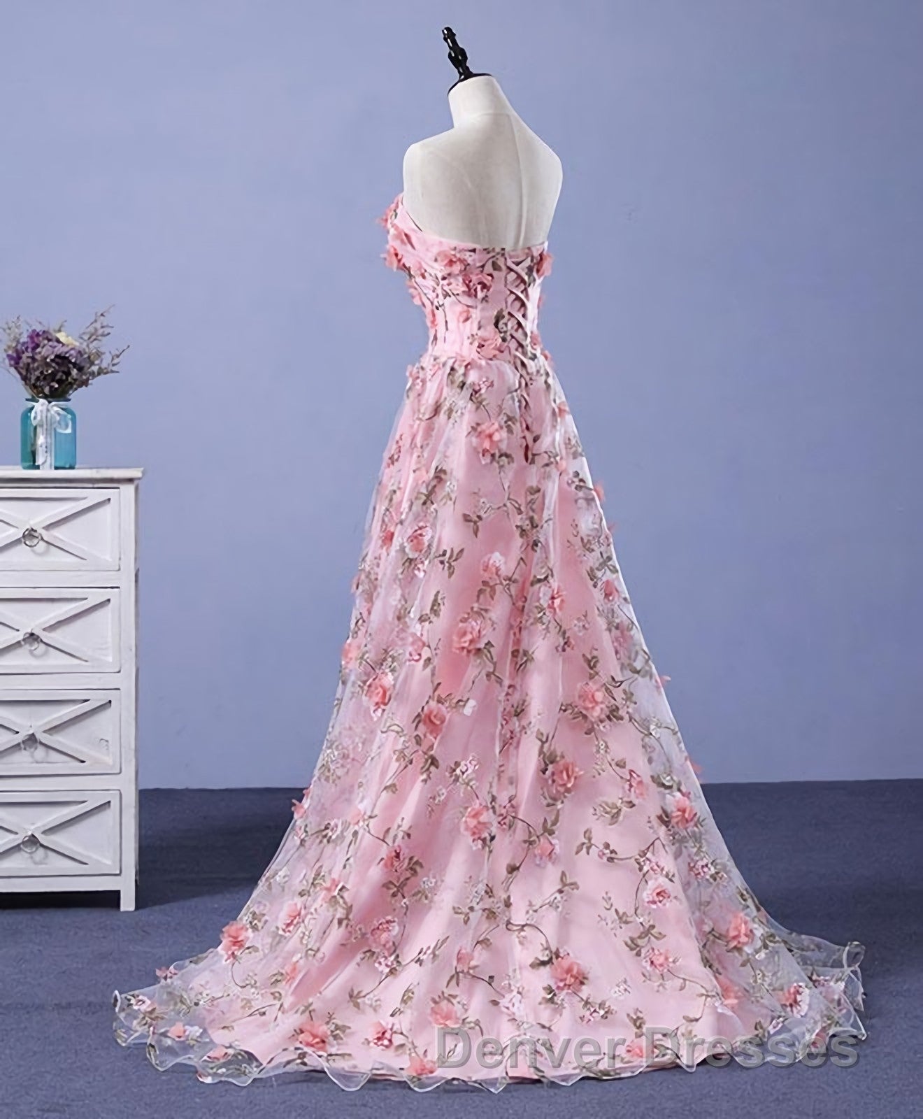Pink Tulle 3D Flowers Long Prom Dress, Pink Evening Dress Secondary image