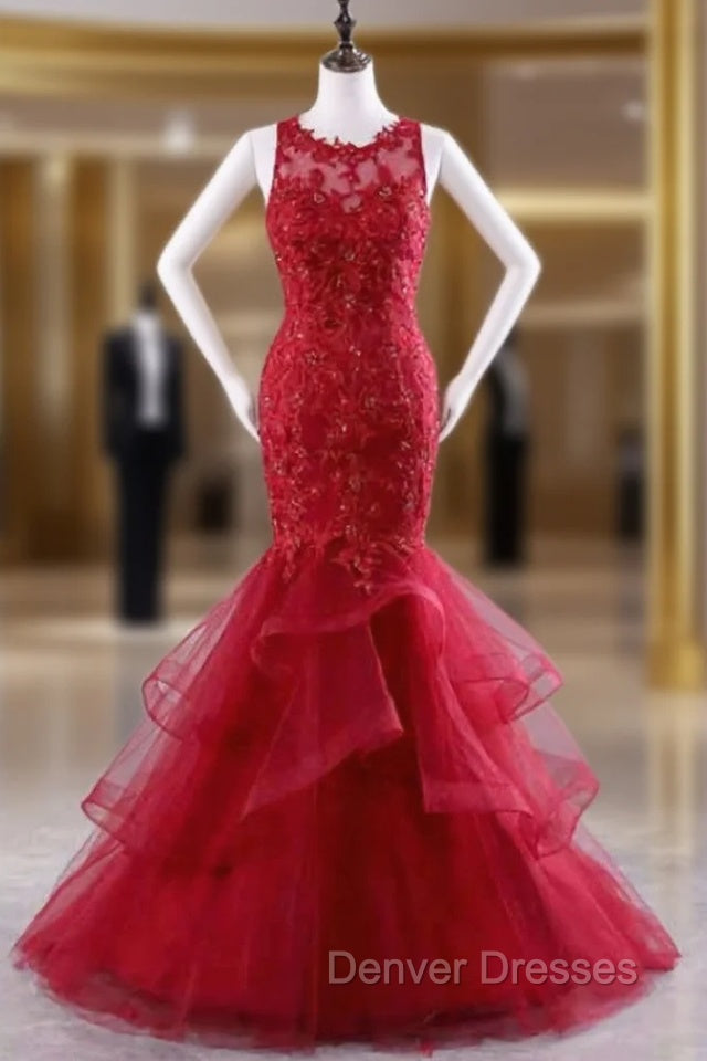 Evening Dress Red Prom Dress Lace Prom Dress Mermaid Prom Dress