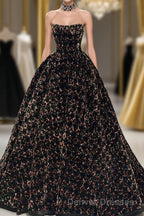 A Line Sparkly Sequin Long Prom Dress, Gorgeous Strapless Long Evening Dress