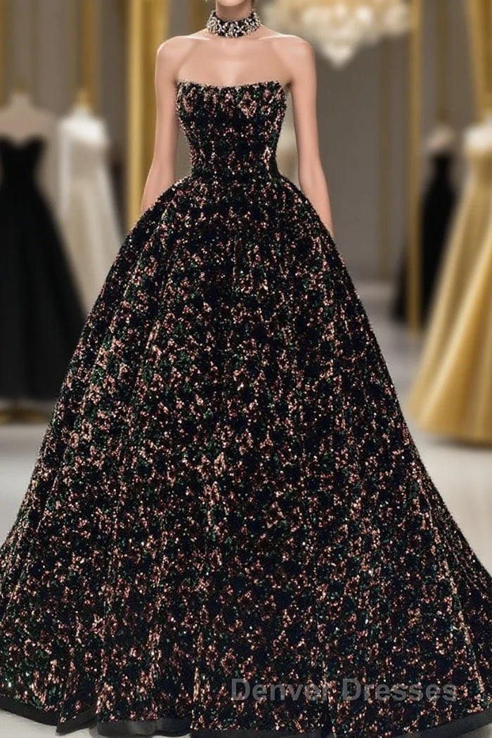 A Line Sparkly Sequin Long Prom Dress, Gorgeous Strapless Long Evening Dress