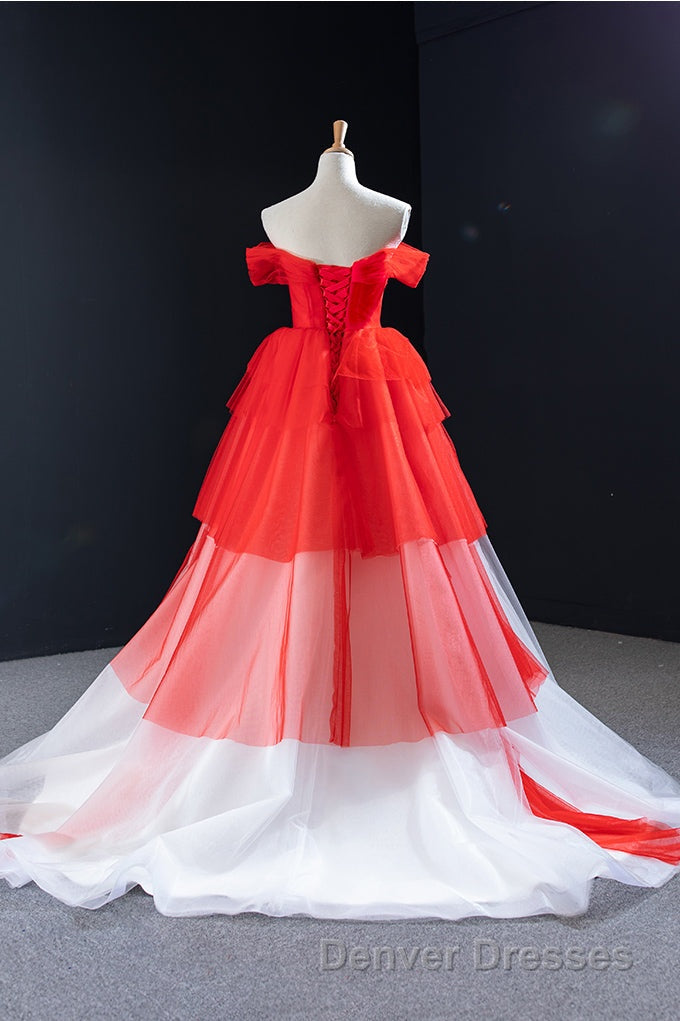 Red and White off the Shoulder Tired Prom Dress, Puffy Formal Party Dress Secondary image