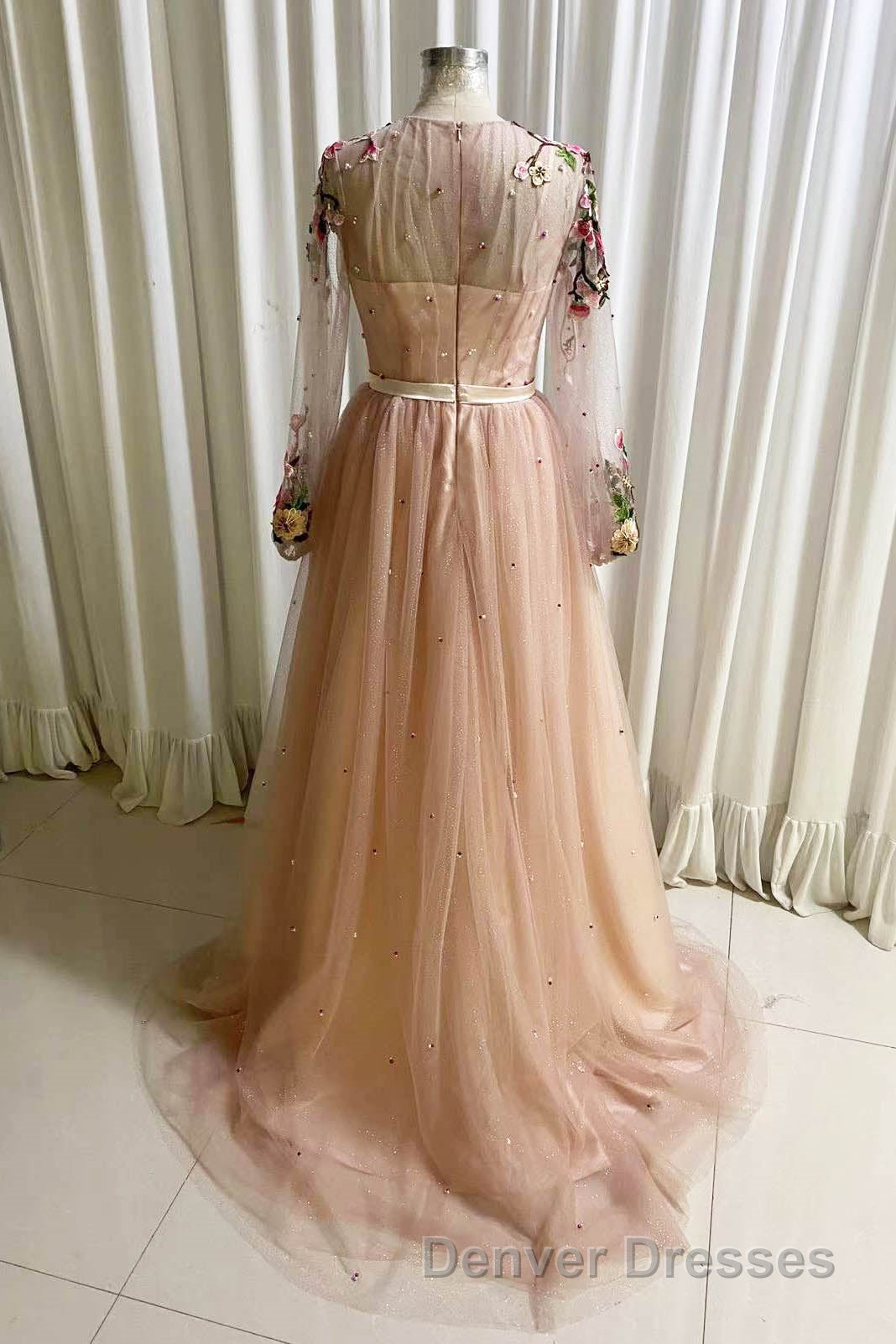 A Line Tulle Long Prom Dress with Flowers, Pink Long Sleeves Party Dress with Beading Secondary image