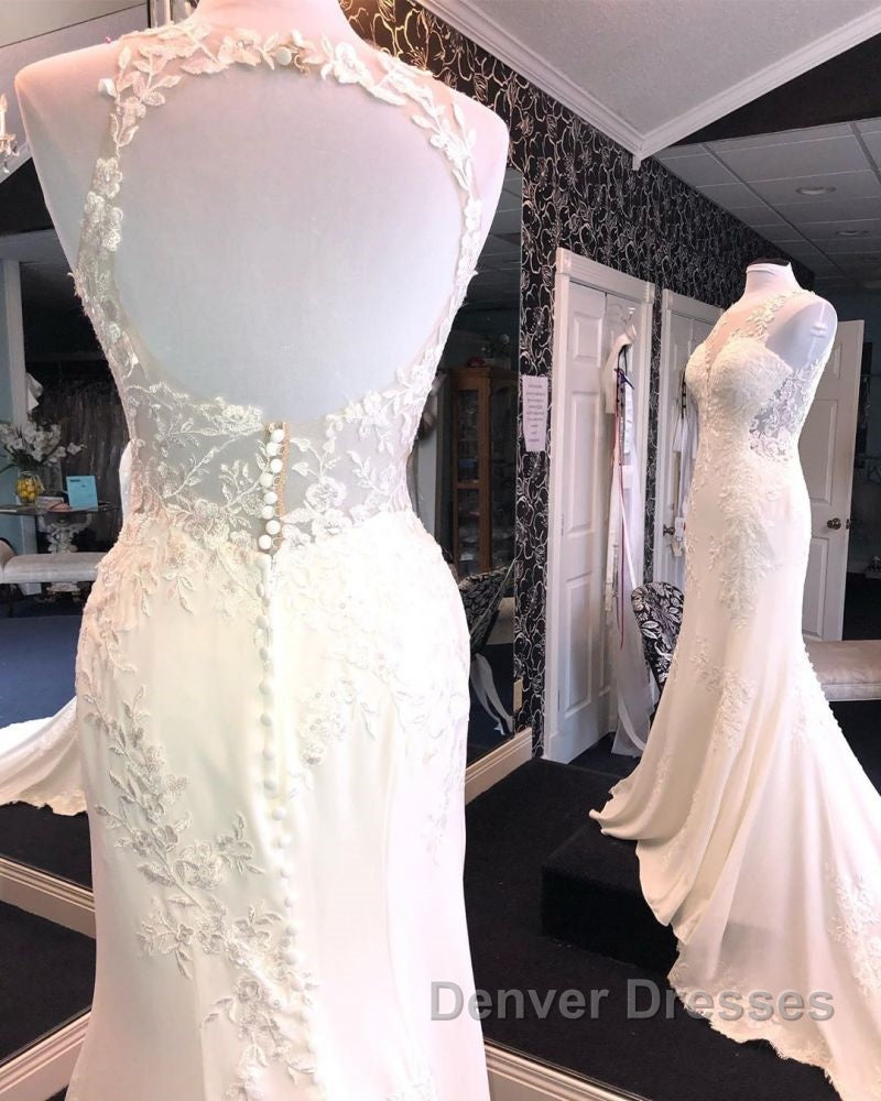 Exquisite Jewel Sleeveless Wedding Dress Sheath Tulle Lace Open Back Bridal Gown Secondary image