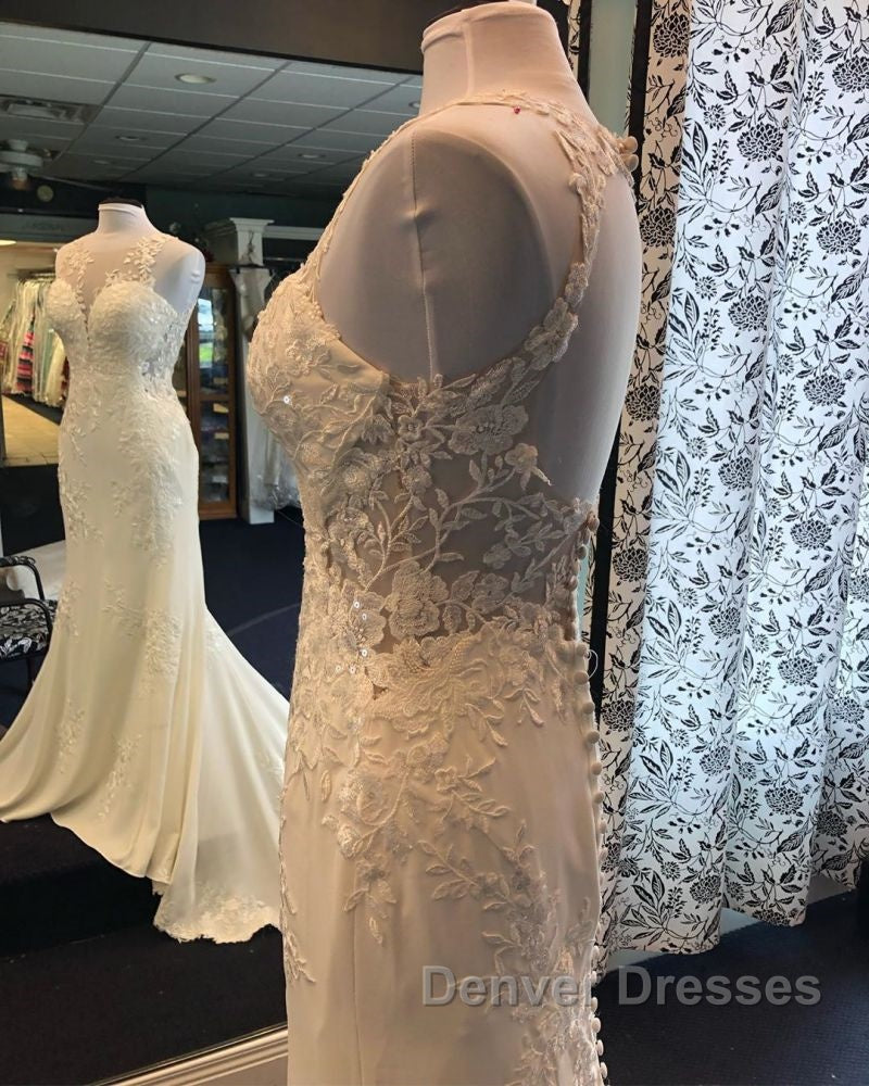 Exquisite Jewel Sleeveless Wedding Dress Sheath Tulle Lace Open Back Bridal Gown