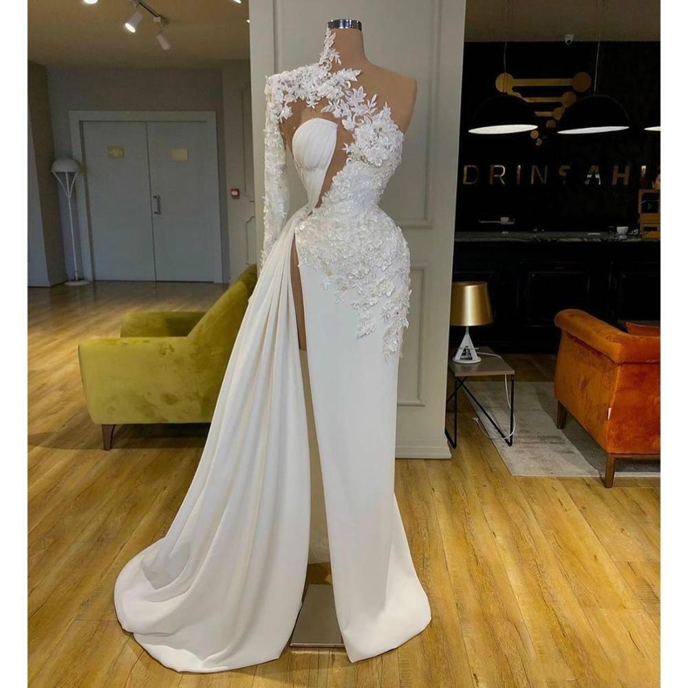 Exquisite Lace White Prom Dress High Neck One Shoulder Long Sleeve Formal Evening Gowns Side Split Robes De Mari¨¦E Secondary image