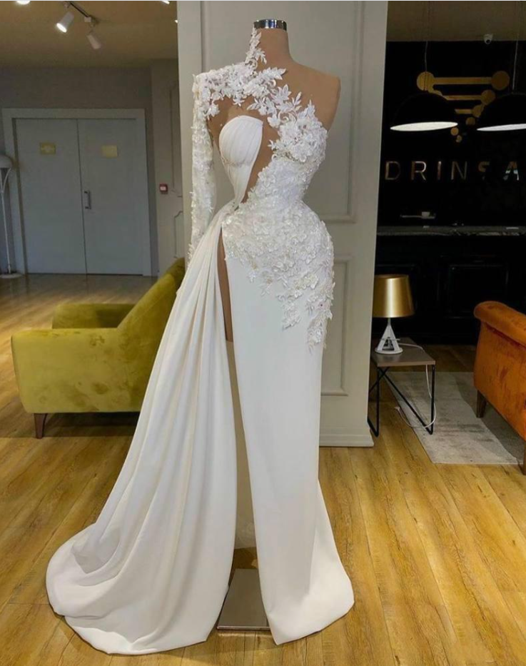 Exquisite Lace White Prom Dress High Neck One Shoulder Long Sleeve Formal Evening Gowns Side Split Robes De Mari¨¦E Main image