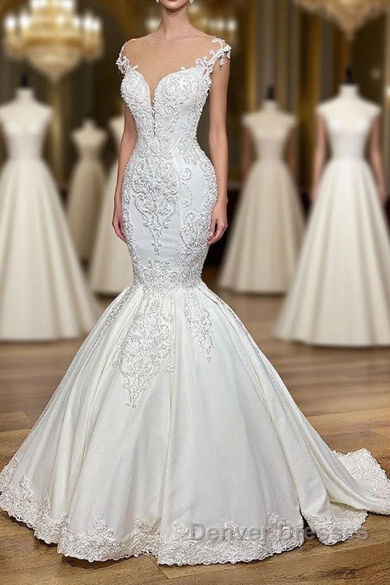 Exquisite Long Lace V-neck Sleeveless Mermaid Wedding Dress Main image