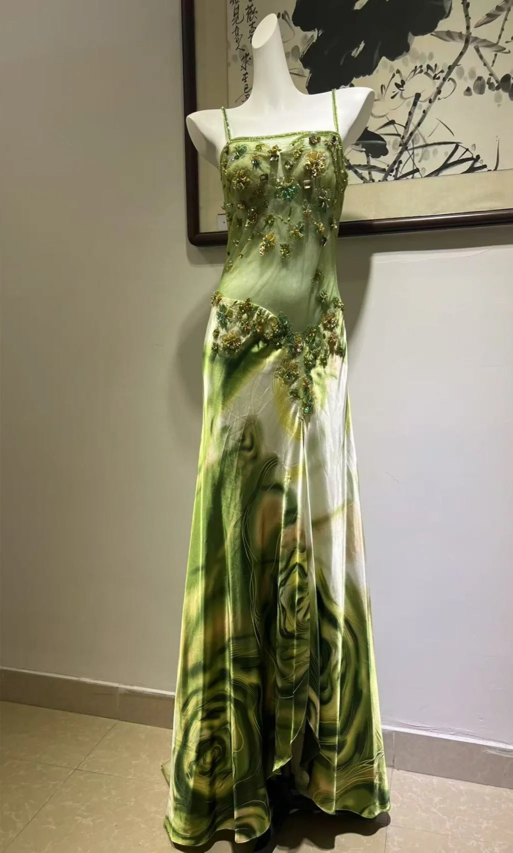 Exquisite Turquoise Gradient Square Neck Beaded Satin Long Prom Dress Evening Dress