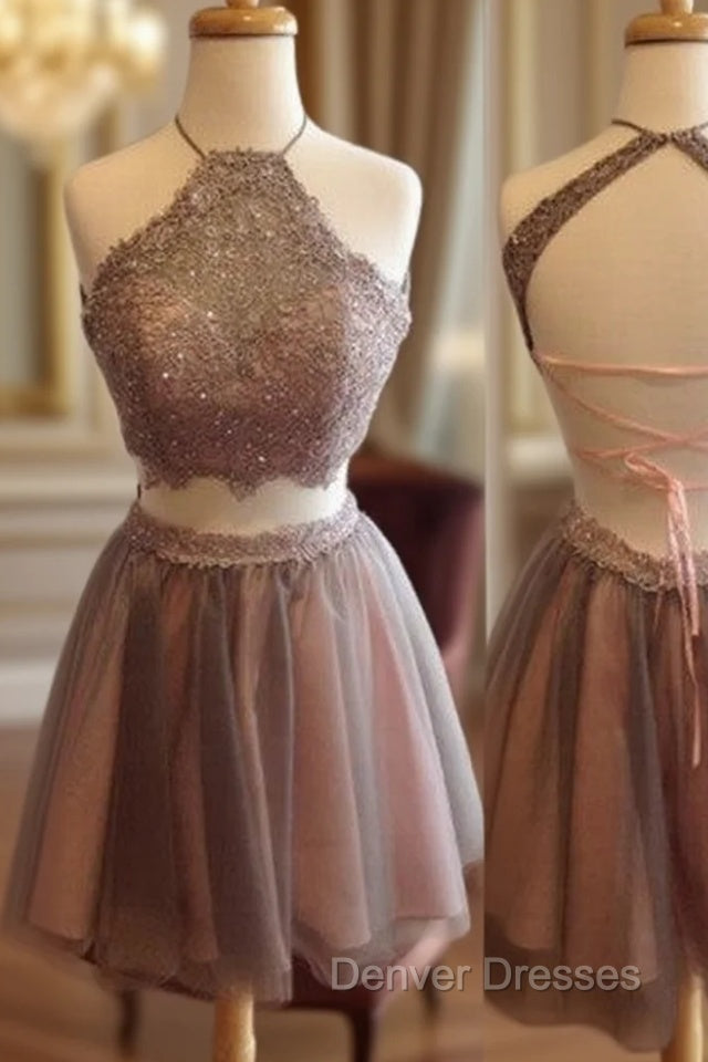 Exquisite Two Pieces Open Back Halter Blush Lace Homecoming Dress
