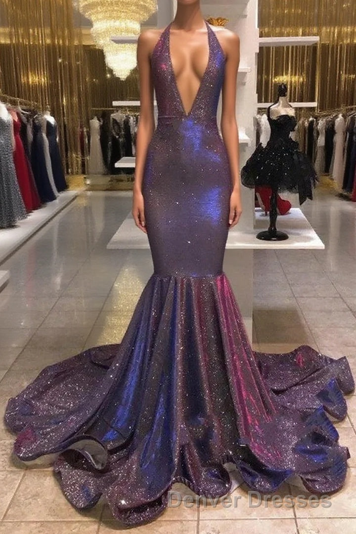 Chic Deep V-Neck Sleeveless Prom Dress New Arrival Halter Memaiad Sequins Evening Gowns Main image