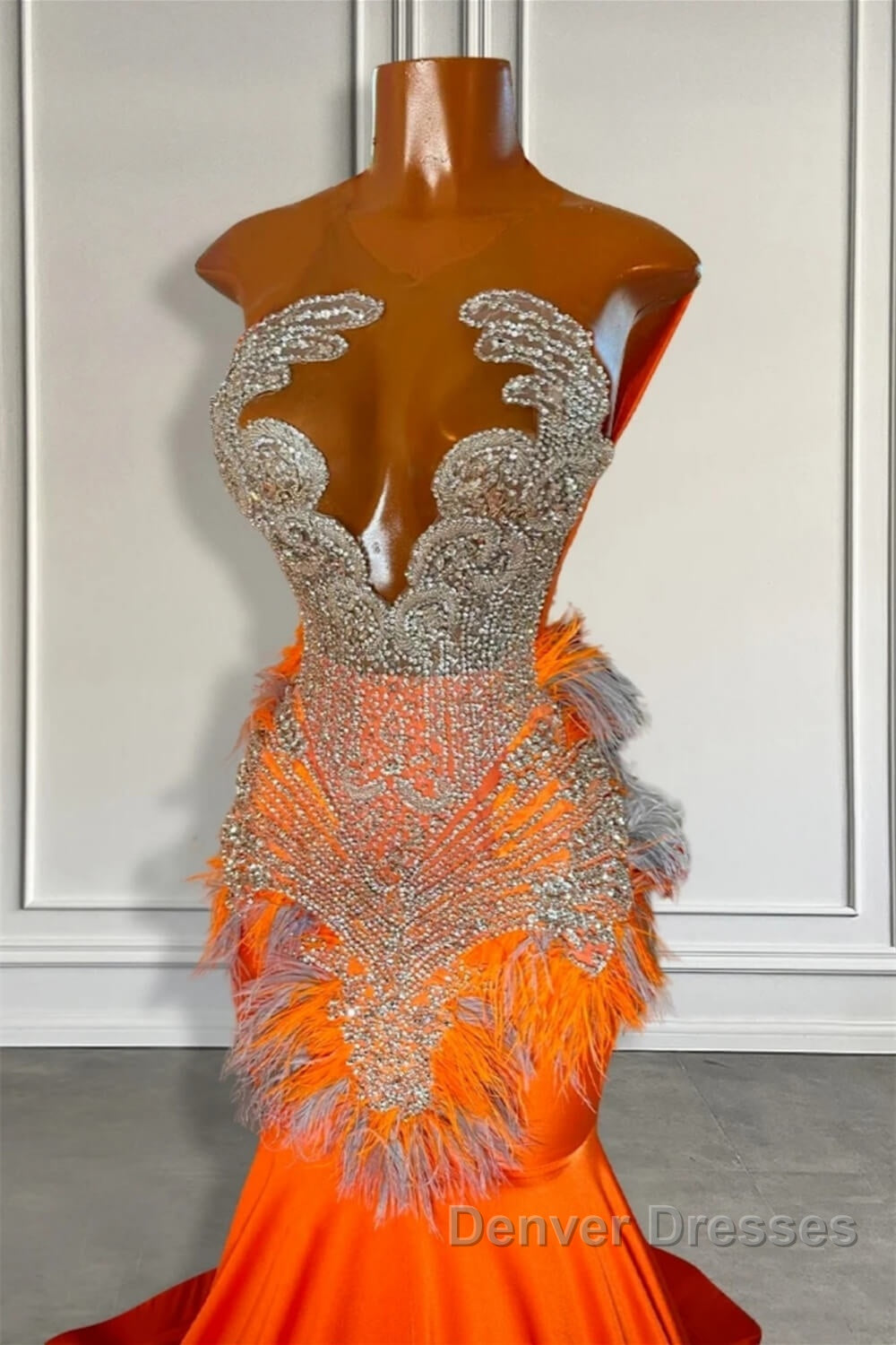 Orange Sleeveless Illusion Mermaid Prom Dress With Beadings and Feather Secondary image