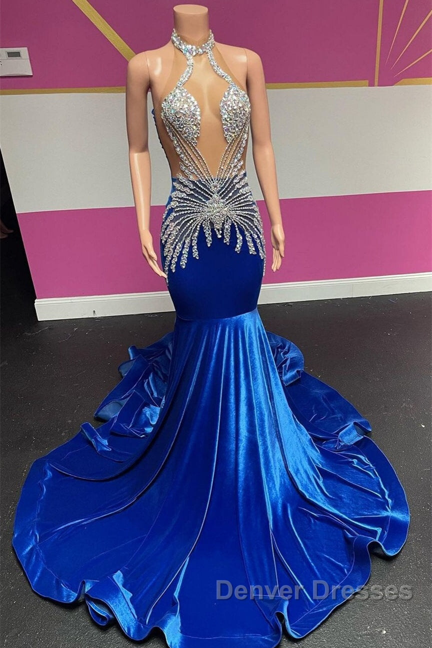 Royal Blue Halter Sleeveless Mermaid Prom Dress With Beadings Velvet Secondary image