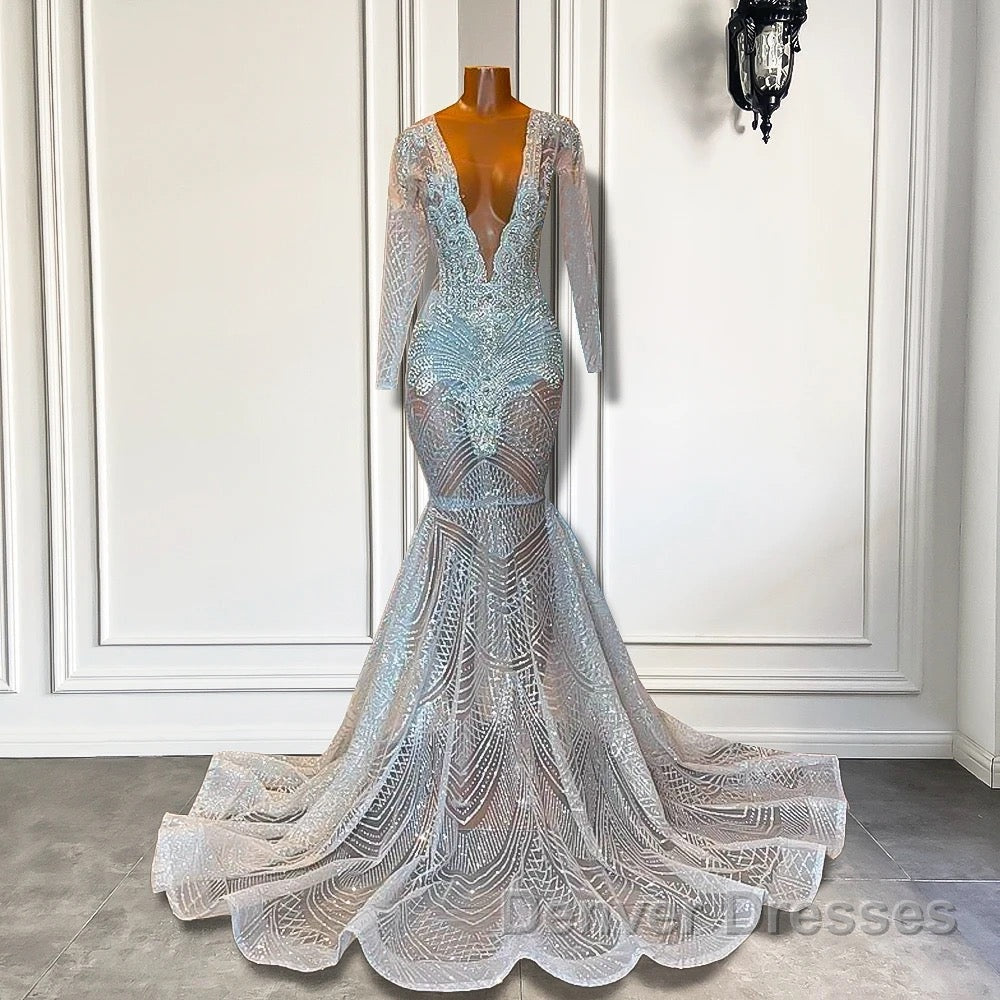Mermaid Prom Dress with Deep V-Neck Long Sleeves Beadings Secondary image