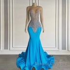 Ocean blue sleeveless mermaid prom Dress with long beadings