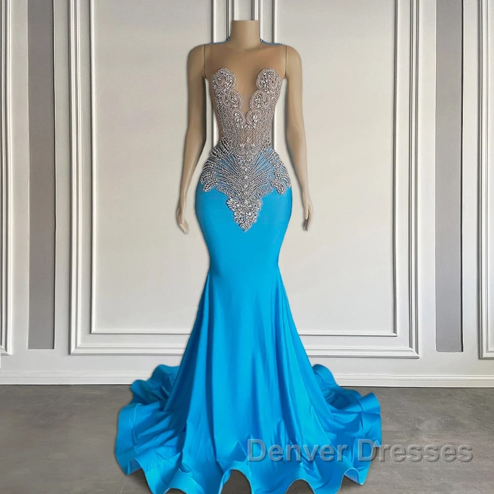 Ocean blue sleeveless mermaid prom Dress with long beadings