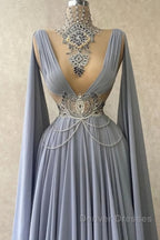 Fabulous High Neck Sleeveless Long 100D-chiffen prom Dress With beads