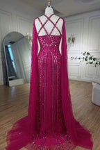 Fabulous Hot Pink Beadings Evening Dress Mermaid Long With Ruffle