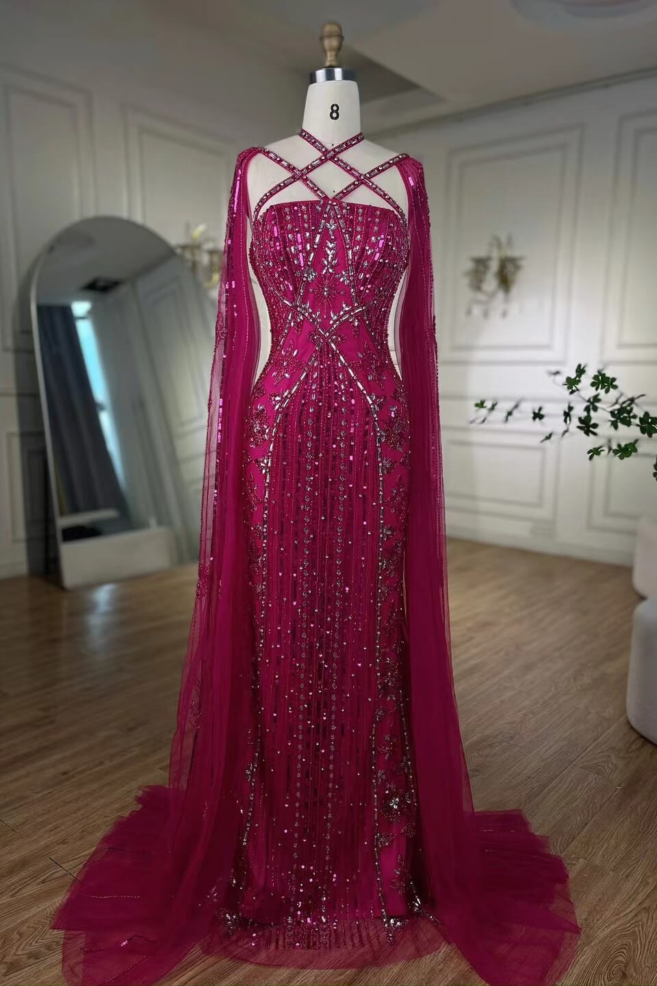 Fabulous Hot Pink Beadings Evening Dress Mermaid Long With Ruffle Main image