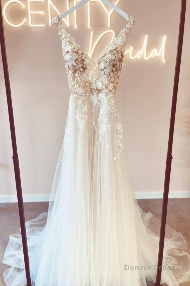 Fabulous Long V-Neck Sleeveless Lace Backless Wedding Dresses Online Main image