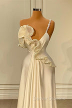 Fabulous White Satin Evening Prom Dress with Ruffles